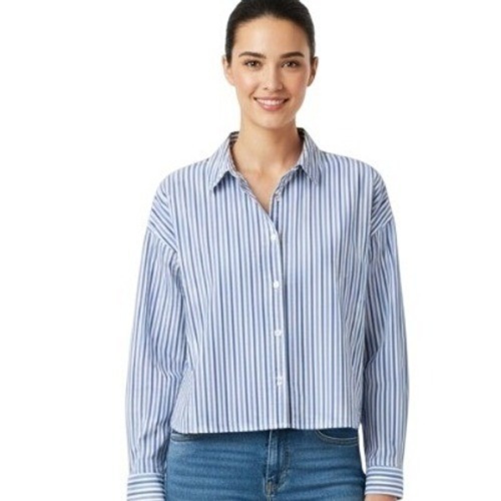 Everlane Striped Button Down Shirt Womens XXS Blue White Cropped Cotton Poplin